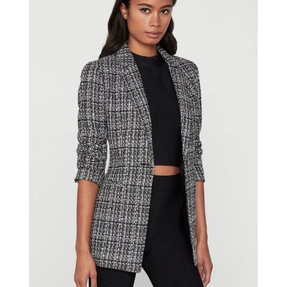 bcbg maxazria Black White Silver Metallic Tweed Long Sleeve Blazer Jacket Small - Picture 3 of 8